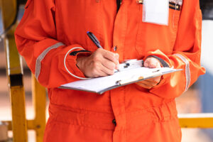 Man in orange jumpsuit writes on clipboard